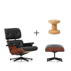 Vitra Eames Fåtölj Santos Rosewood/ Svart Läder Med Ottoman + Kork Familjepall Model B